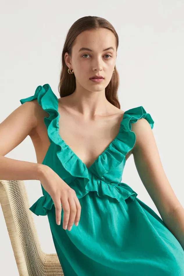 Linen Woman Seed Heritage Linen Frill Detail Maxi Dress Deep Teal