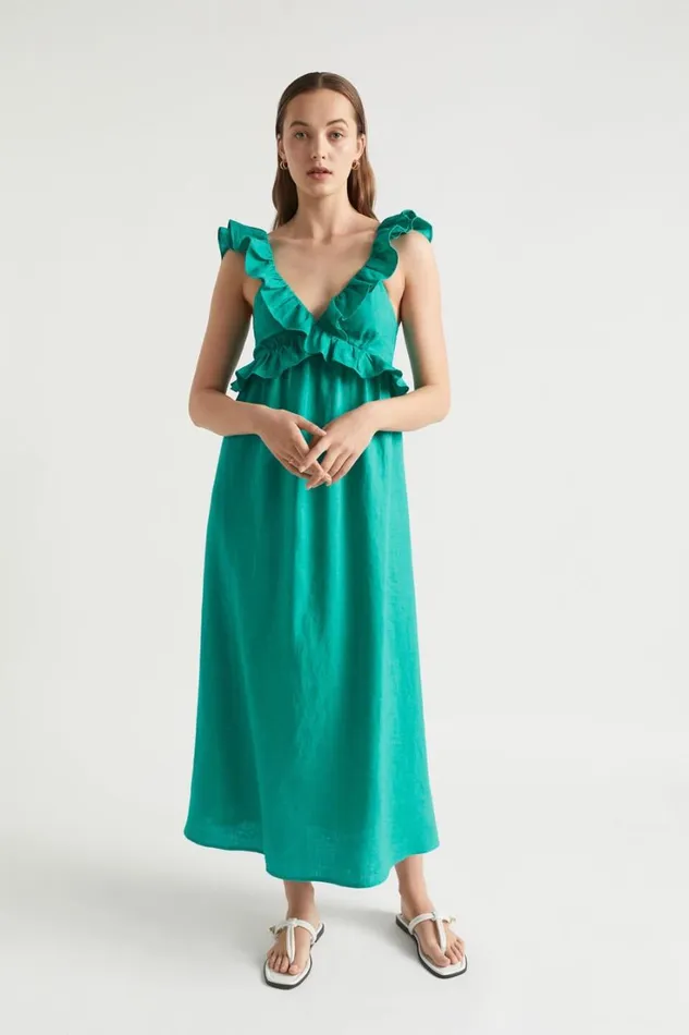 Linen Woman Seed Heritage Linen Frill Detail Maxi Dress Deep Teal