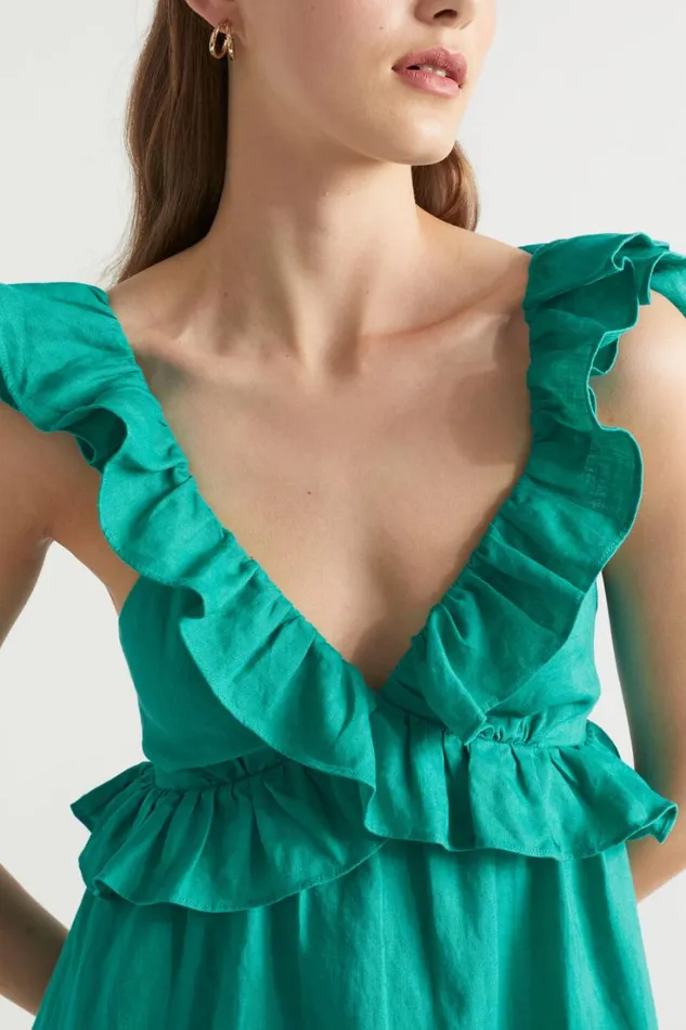 Linen Woman Seed Heritage Linen Frill Detail Maxi Dress Deep Teal