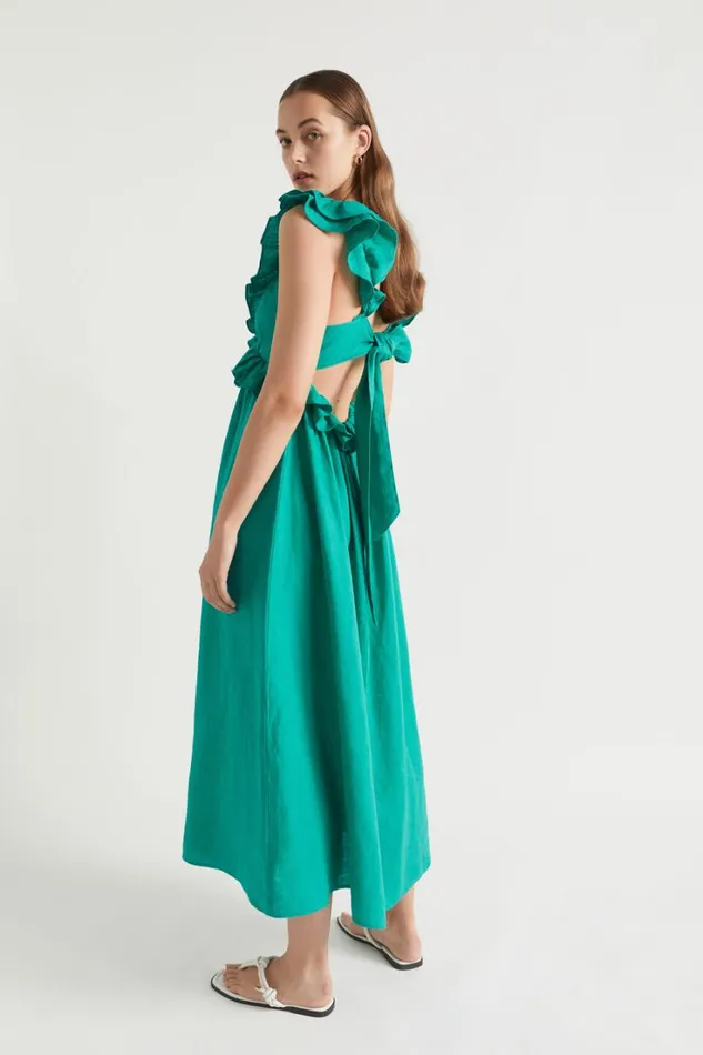 Linen Woman Seed Heritage Linen Frill Detail Maxi Dress Deep Teal