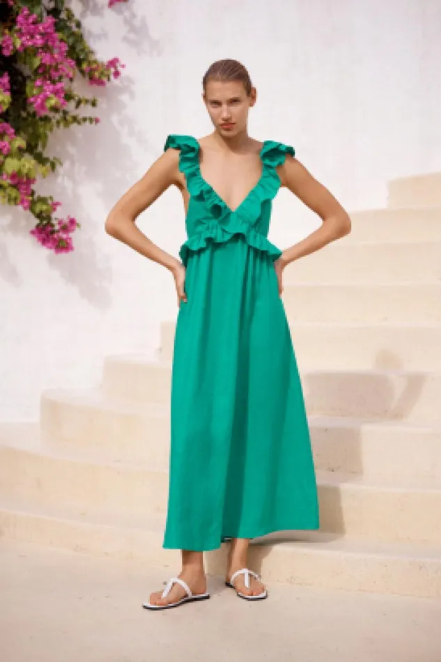 Linen Woman Seed Heritage Linen Frill Detail Maxi Dress Deep Teal