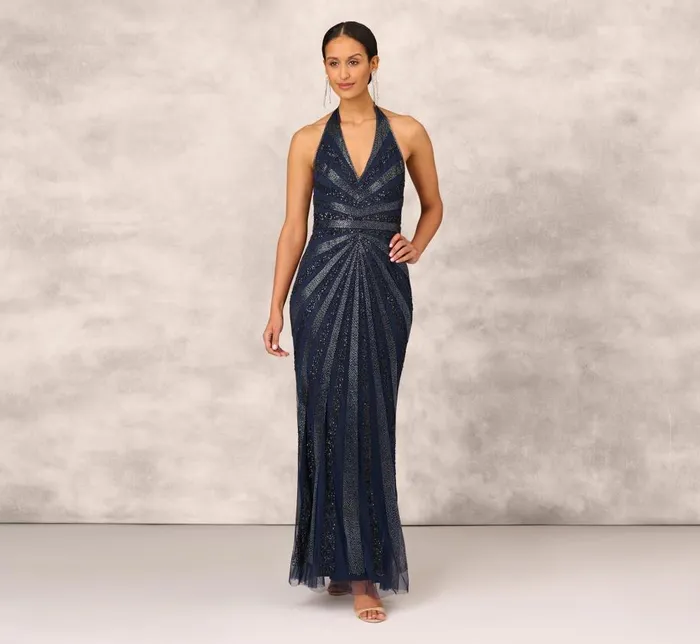 Long Dresses Womens Adrianna Papell Dazzling Beaded Halter Gown With Deep VNeckline In Navy Long Dresses Womens Adrianna Papell Dazzling Beaded Halter Gown With Deep VNeckline In Navy