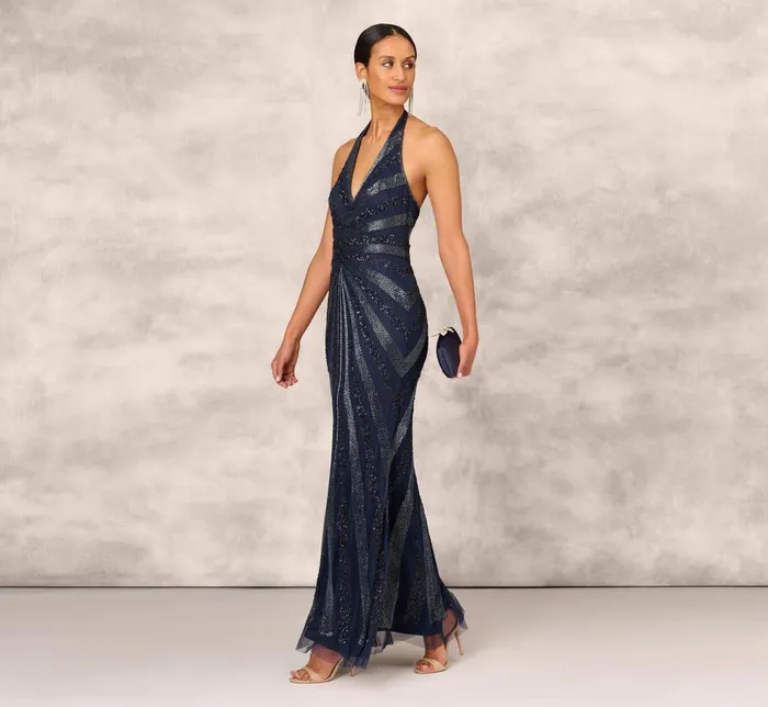 Long Dresses Womens Adrianna Papell Dazzling Beaded Halter Gown With Deep VNeckline In Navy