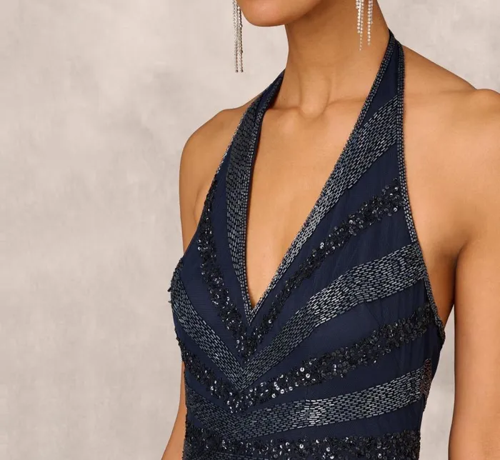 Long Dresses Womens Adrianna Papell Dazzling Beaded Halter Gown With Deep VNeckline In Navy
