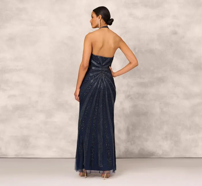 Long Dresses Womens Adrianna Papell Dazzling Beaded Halter Gown With Deep VNeckline In Navy