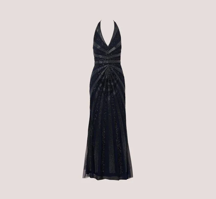 Long Dresses Womens Adrianna Papell Dazzling Beaded Halter Gown With Deep VNeckline In Navy
