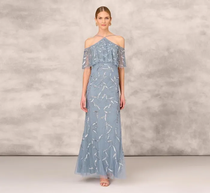 Long Dresses Womens Adrianna Papell Hand Beaded Cold Shoulder Popover Long ALine Gown In Vintage Blue Long Dresses Womens Adrianna Papell Hand Beaded Cold Shoulder Popover Long ALine Gown In Vintage Blue