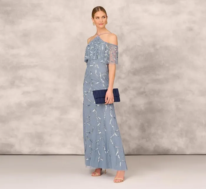 Long Dresses Womens Adrianna Papell Hand Beaded Cold Shoulder Popover Long ALine Gown In Vintage Blue