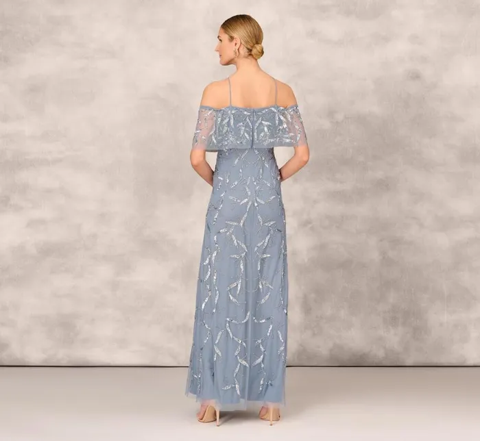 Long Dresses Womens Adrianna Papell Hand Beaded Cold Shoulder Popover Long ALine Gown In Vintage Blue