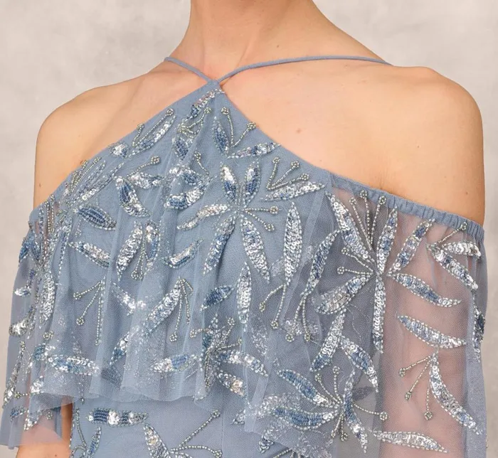 Long Dresses Womens Adrianna Papell Hand Beaded Cold Shoulder Popover Long ALine Gown In Vintage Blue
