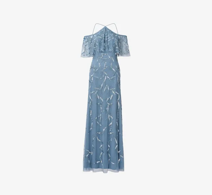 Long Dresses Womens Adrianna Papell Hand Beaded Cold Shoulder Popover Long ALine Gown In Vintage Blue