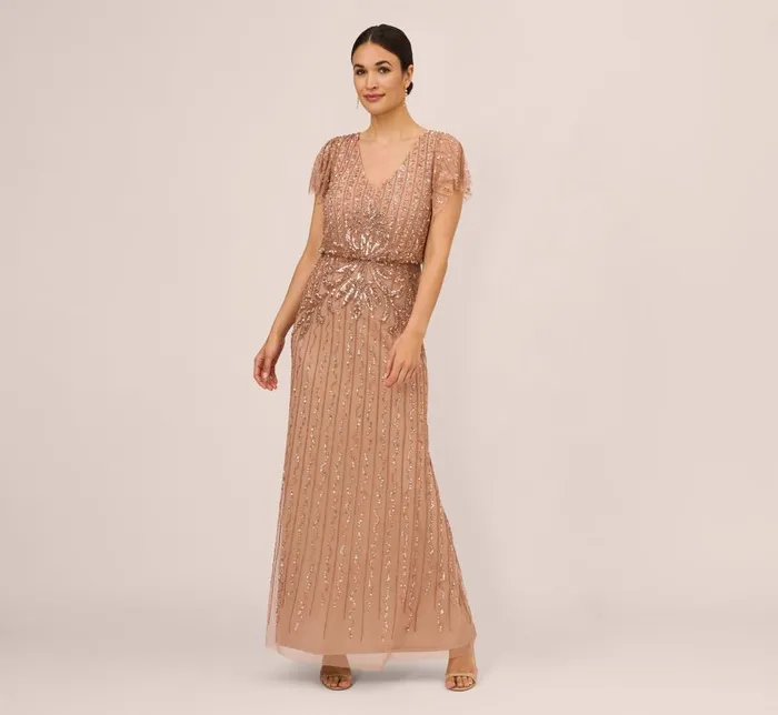 Long Dresses Womens Adrianna Papell HandBeaded Long Blouson Gown In Rose Gold Long Dresses Womens Adrianna Papell HandBeaded Long Blouson Gown In Rose Gold