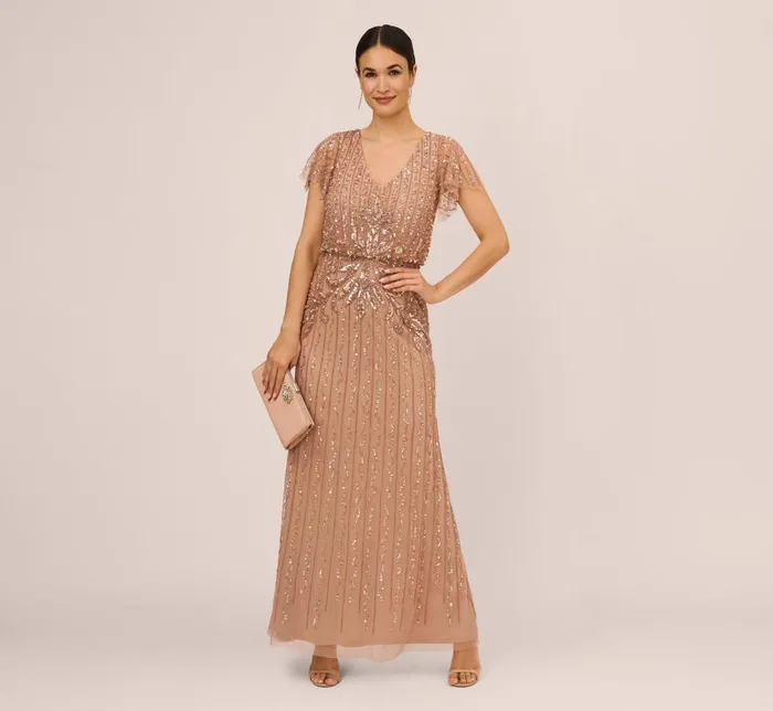 Long Dresses Womens Adrianna Papell HandBeaded Long Blouson Gown In Rose Gold