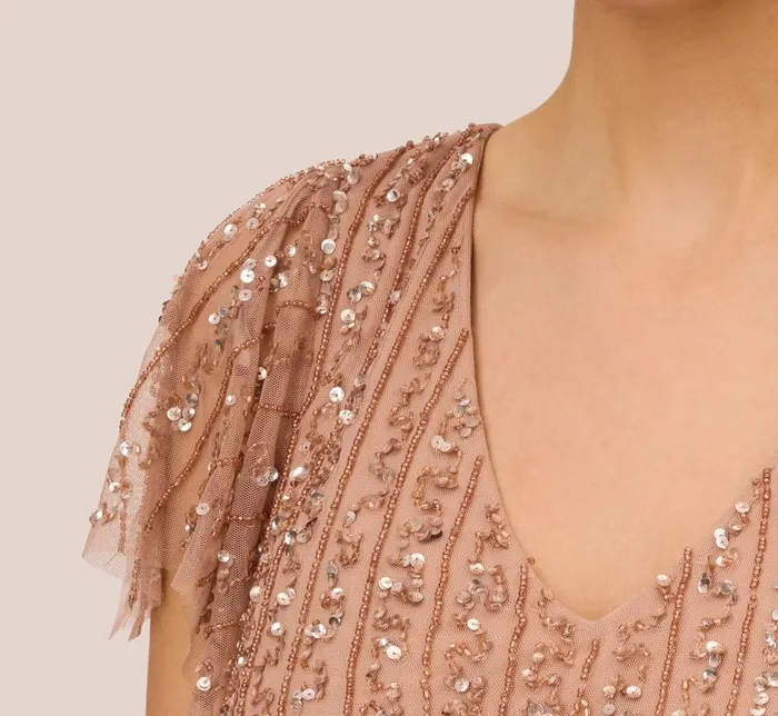 Long Dresses Womens Adrianna Papell HandBeaded Long Blouson Gown In Rose Gold