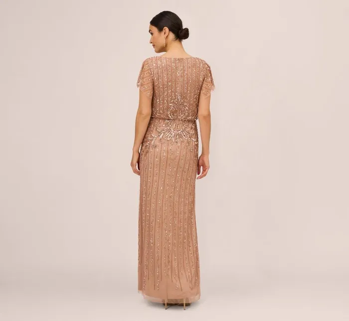 Long Dresses Womens Adrianna Papell HandBeaded Long Blouson Gown In Rose Gold