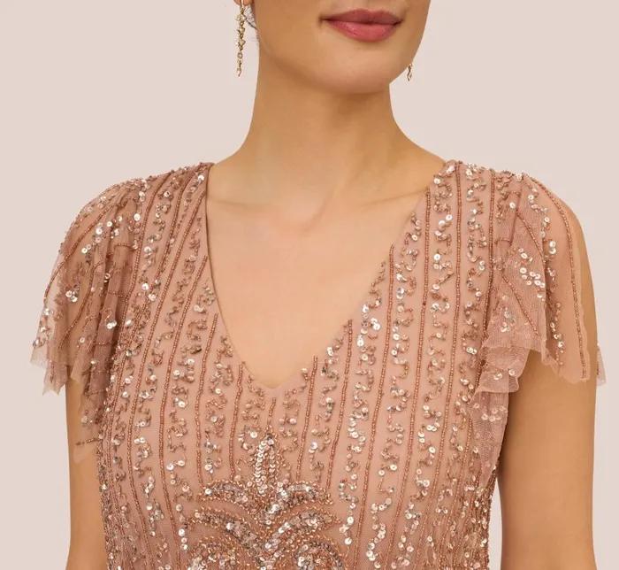 Long Dresses Womens Adrianna Papell HandBeaded Long Blouson Gown In Rose Gold