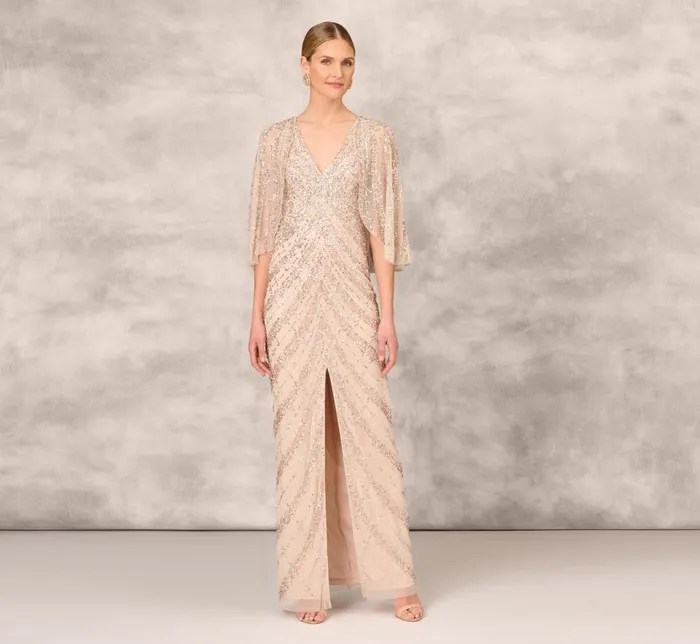 Long Dresses Womens Adrianna Papell Hand Beaded Long Column Gown With Cape And Slit In Blush Long Dresses Womens Adrianna Papell Hand Beaded Long Column Gown With Cape And Slit In Blush