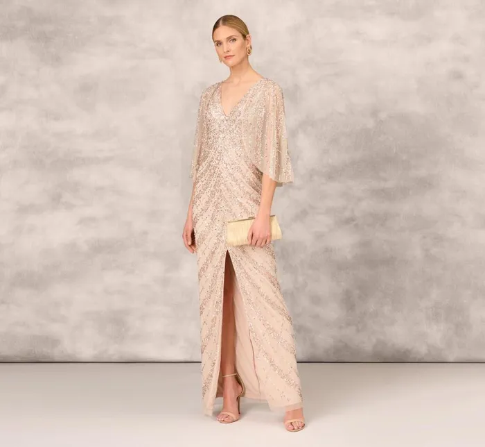 Long Dresses Womens Adrianna Papell Hand Beaded Long Column Gown With Cape And Slit In Blush