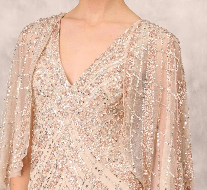Long Dresses Womens Adrianna Papell Hand Beaded Long Column Gown With Cape And Slit In Blush