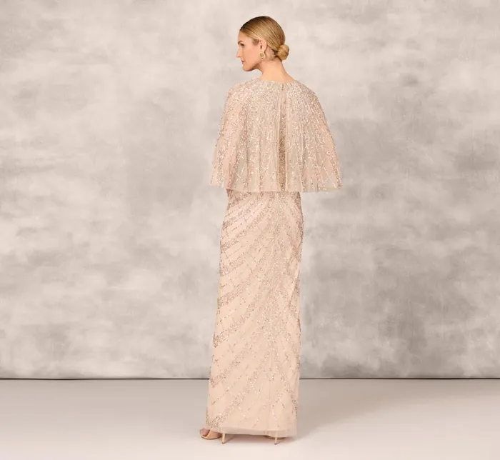 Long Dresses Womens Adrianna Papell Hand Beaded Long Column Gown With Cape And Slit In Blush