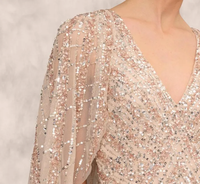 Long Dresses Womens Adrianna Papell Hand Beaded Long Column Gown With Cape And Slit In Blush