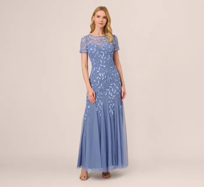 Long Dresses Womens Adrianna Papell Hand Beaded Short Sleeve Floral Godet Gown In French Blue Long Dresses Womens Adrianna Papell Hand Beaded Short Sleeve Floral Godet Gown In French Blue