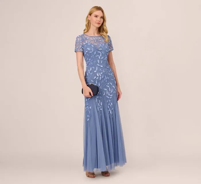 Long Dresses Womens Adrianna Papell Hand Beaded Short Sleeve Floral Godet Gown In French Blue