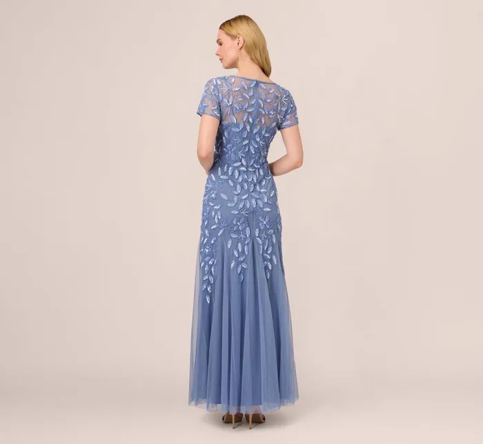 Long Dresses Womens Adrianna Papell Hand Beaded Short Sleeve Floral Godet Gown In French Blue