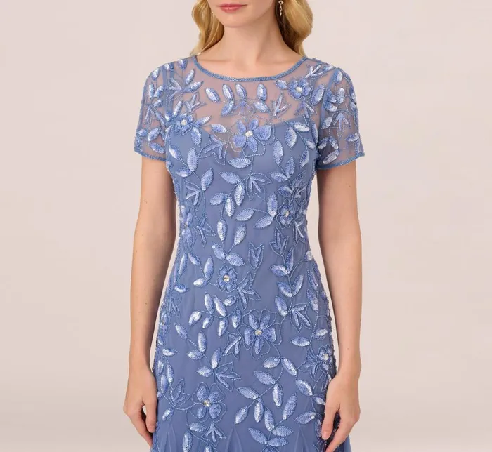 Long Dresses Womens Adrianna Papell Hand Beaded Short Sleeve Floral Godet Gown In French Blue