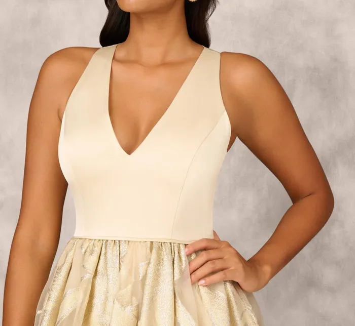 Long Dresses Womens Adrianna Papell Metallic Jacquard Sleeveless Ball Gown With Crinoline Details In Light Gold
