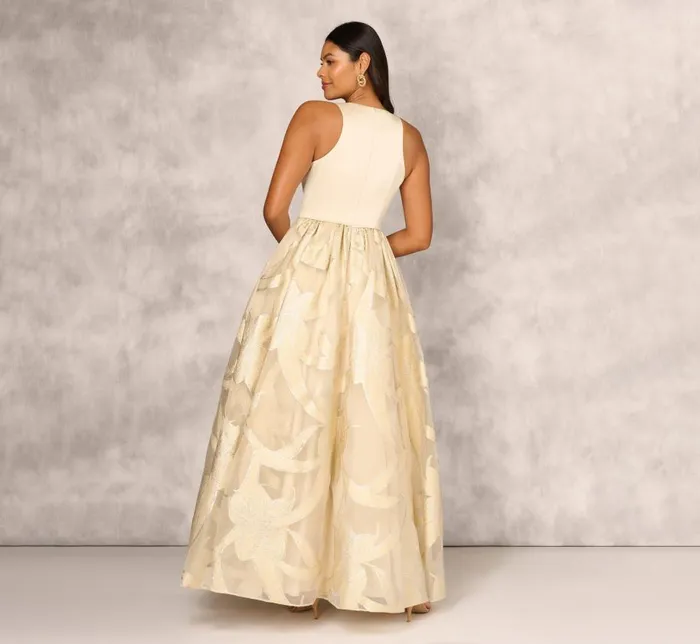 Long Dresses Womens Adrianna Papell Metallic Jacquard Sleeveless Ball Gown With Crinoline Details In Light Gold