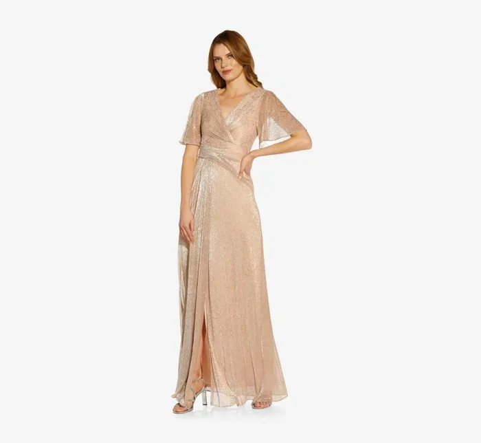 Long Dresses Womens Adrianna Papell Metallic Mesh Draped Gown In Rose Gold