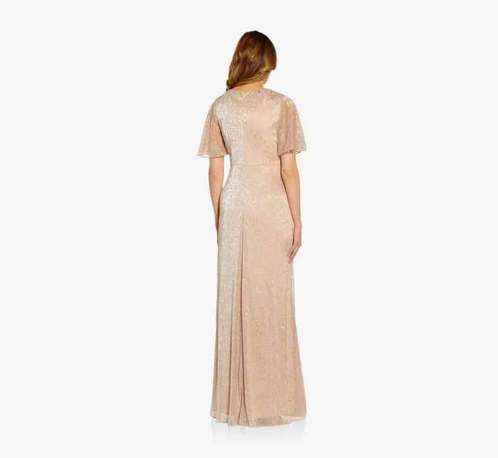 Long Dresses Womens Adrianna Papell Metallic Mesh Draped Gown In Rose Gold
