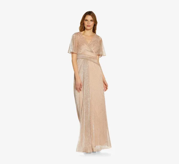 Long Dresses Womens Adrianna Papell Metallic Mesh Draped Gown In Rose Gold