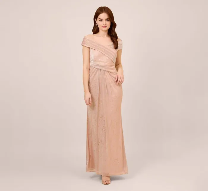 Long Dresses Womens Adrianna Papell Metallic Rose Motif OffTheShoulder Long Gown In Rose Gold Long Dresses Womens Adrianna Papell Metallic Rose Motif OffTheShoulder Long Gown In Rose Gold