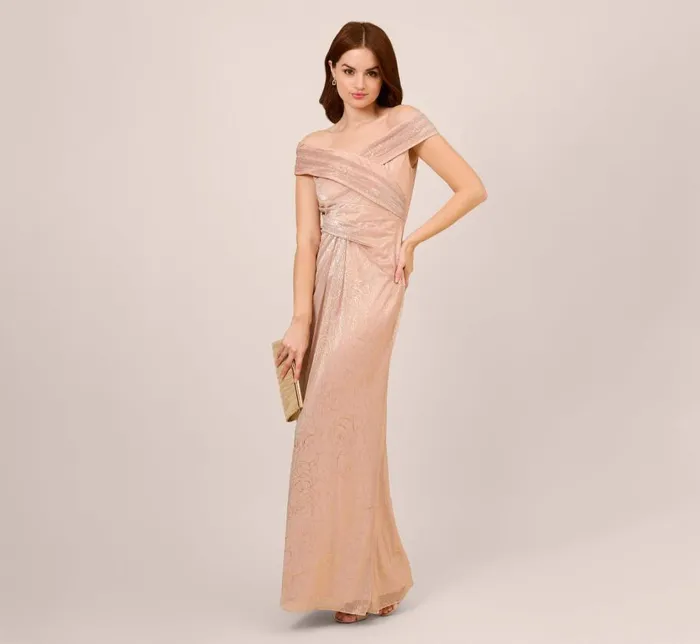 Long Dresses Womens Adrianna Papell Metallic Rose Motif OffTheShoulder Long Gown In Rose Gold