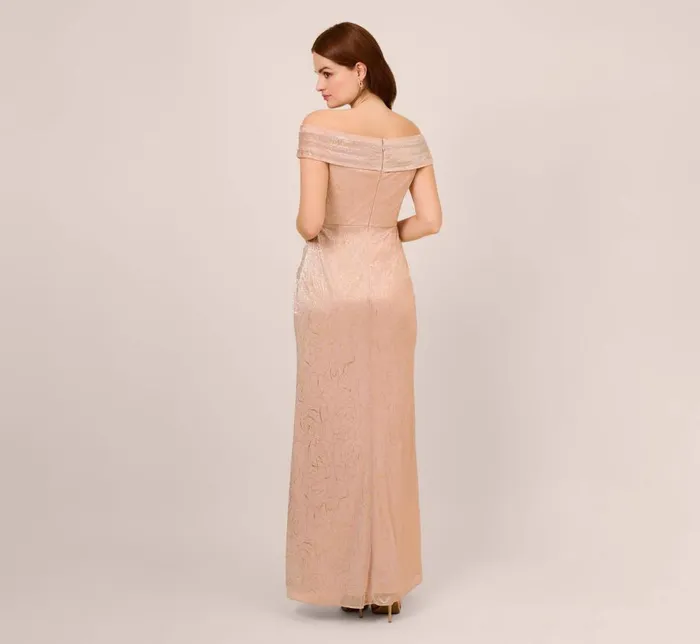 Long Dresses Womens Adrianna Papell Metallic Rose Motif OffTheShoulder Long Gown In Rose Gold