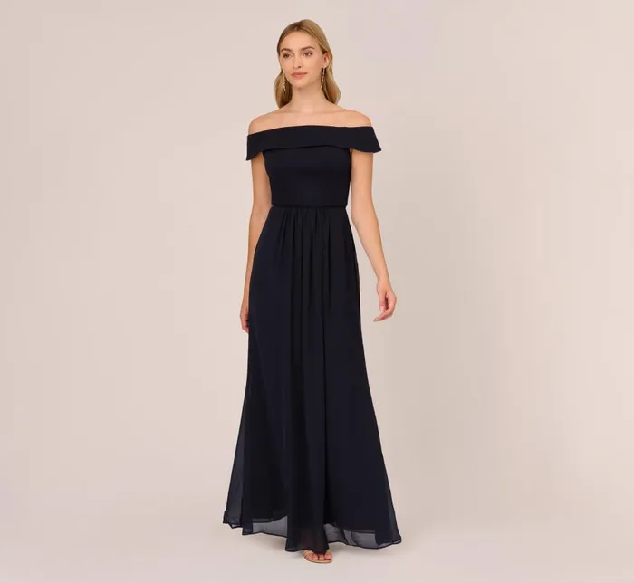 Long Dresses Womens Adrianna Papell Off The Shoulder Crepe Chiffon Gown With Soft Skirt In Midnight Long Dresses Womens Adrianna Papell Off The Shoulder Crepe Chiffon Gown With Soft Skirt In Midnight