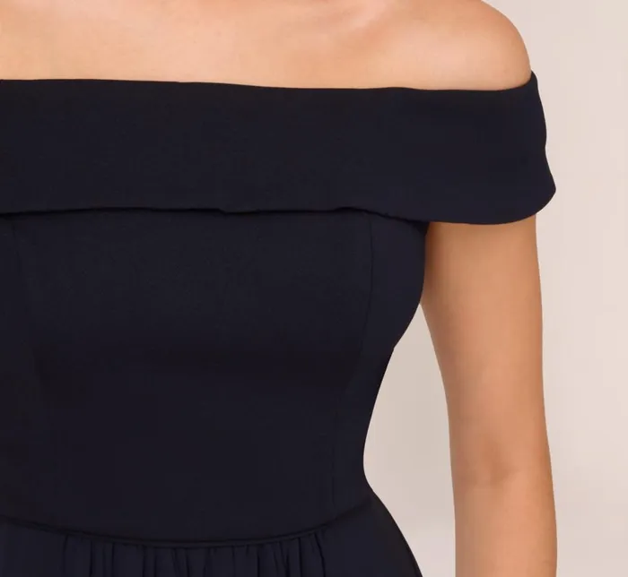 Long Dresses Womens Adrianna Papell Off The Shoulder Crepe Chiffon Gown With Soft Skirt In Midnight