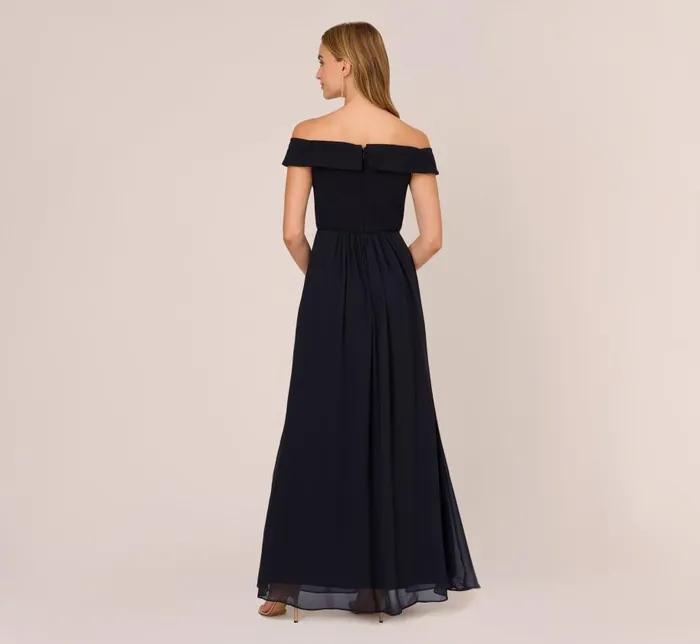 Long Dresses Womens Adrianna Papell Off The Shoulder Crepe Chiffon Gown With Soft Skirt In Midnight