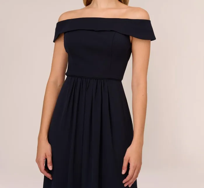 Long Dresses Womens Adrianna Papell Off The Shoulder Crepe Chiffon Gown With Soft Skirt In Midnight