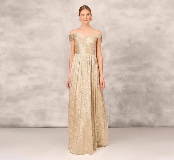 Long Dresses Womens Adrianna Papell Off The Shoulder Metallic Foiled Metallic Pleated Mesh Long ALine Ball Gown In Gold Long Dresses Womens Adrianna Papell Off The Shoulder Metallic Foiled Metallic Pleated Mesh Long ALine Ball Gown In Gold