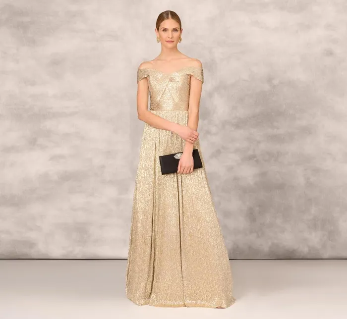 Long Dresses Womens Adrianna Papell Off The Shoulder Metallic Foiled Metallic Pleated Mesh Long ALine Ball Gown In Gold