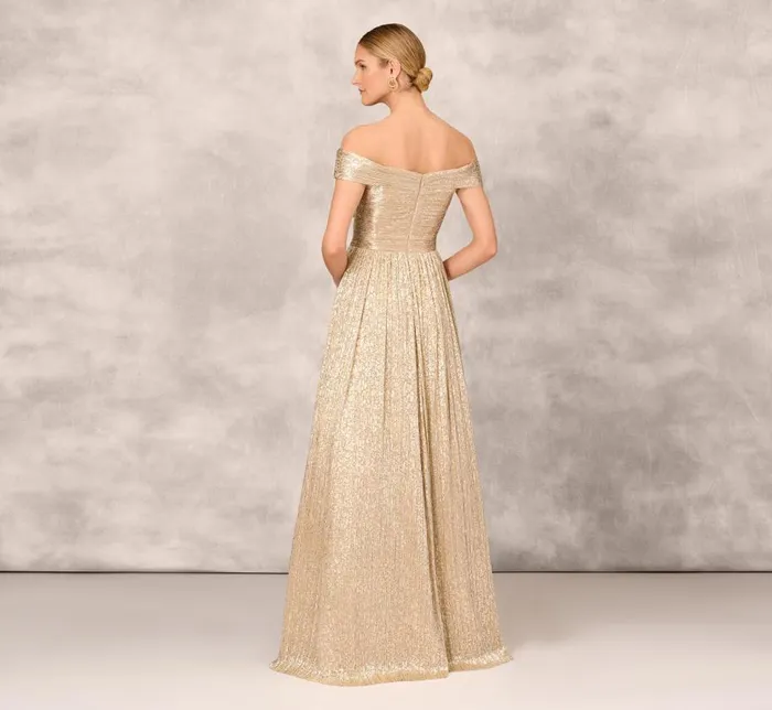 Long Dresses Womens Adrianna Papell Off The Shoulder Metallic Foiled Metallic Pleated Mesh Long ALine Ball Gown In Gold