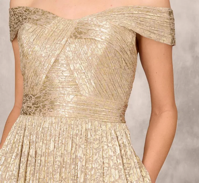 Long Dresses Womens Adrianna Papell Off The Shoulder Metallic Foiled Metallic Pleated Mesh Long ALine Ball Gown In Gold