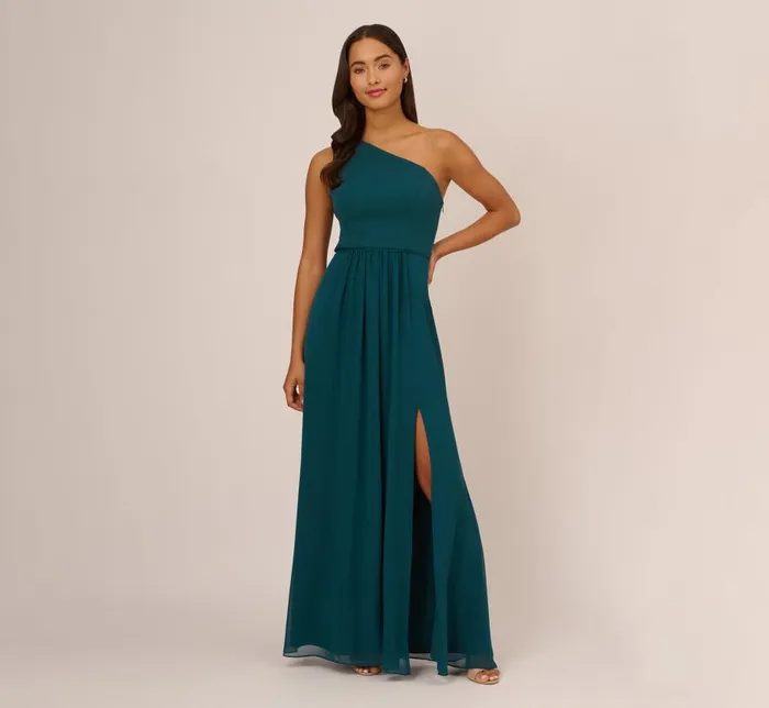 Long Dresses Womens Adrianna Papell OneShoulder Chiffon Long Gown In Hunter