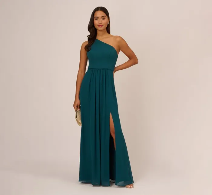 Long Dresses Womens Adrianna Papell OneShoulder Chiffon Long Gown In Hunter
