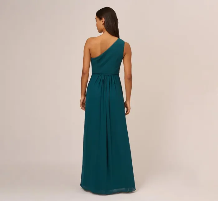 Long Dresses Womens Adrianna Papell OneShoulder Chiffon Long Gown In Hunter