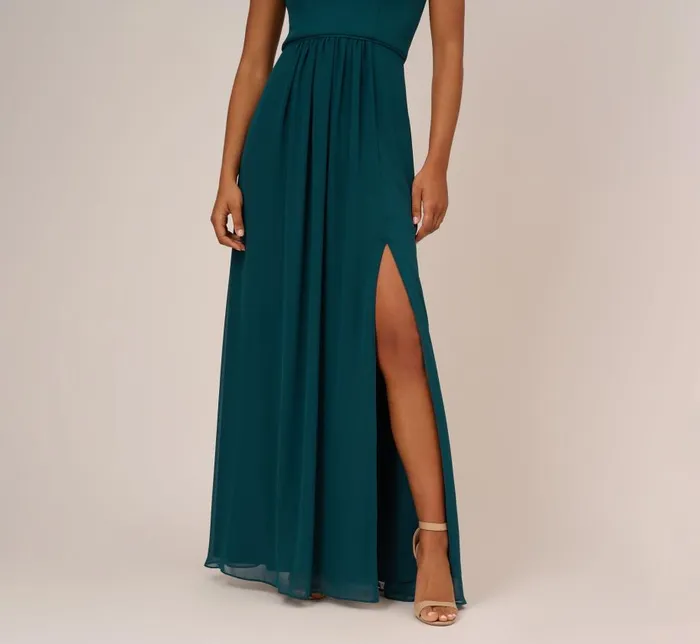 Long Dresses Womens Adrianna Papell OneShoulder Chiffon Long Gown In Hunter