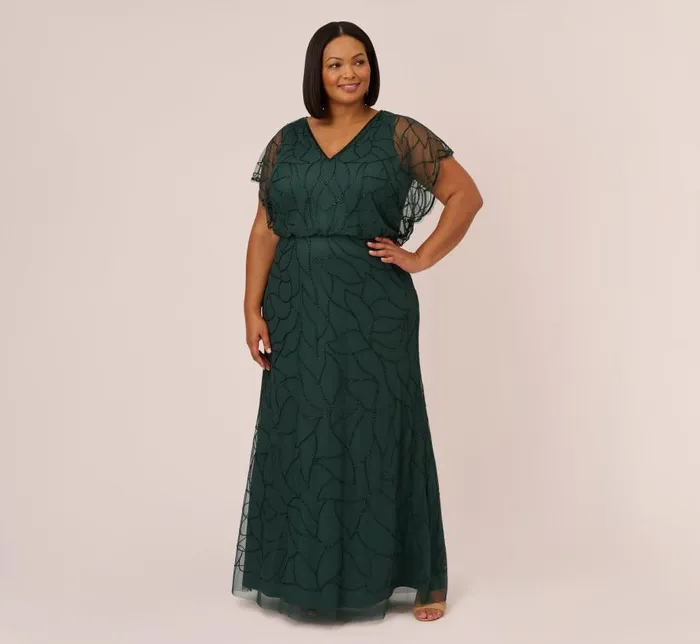 Long Dresses Womens Adrianna Papell Plus Size Beaded Blouson Mermaid Gown With Sheer Dolman Sleeves In Dusty Emerald Long Dresses Womens Adrianna Papell Plus Size Beaded Blouson Mermaid Gown With Sheer Dolman Sleeves In Dusty Emerald